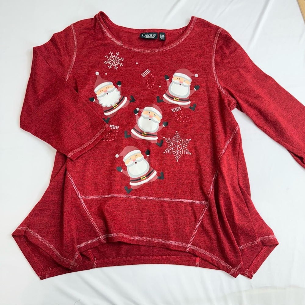 Onque Casuals Red Festive Long sleeve shirt Christmas Santa Bling Petite XL